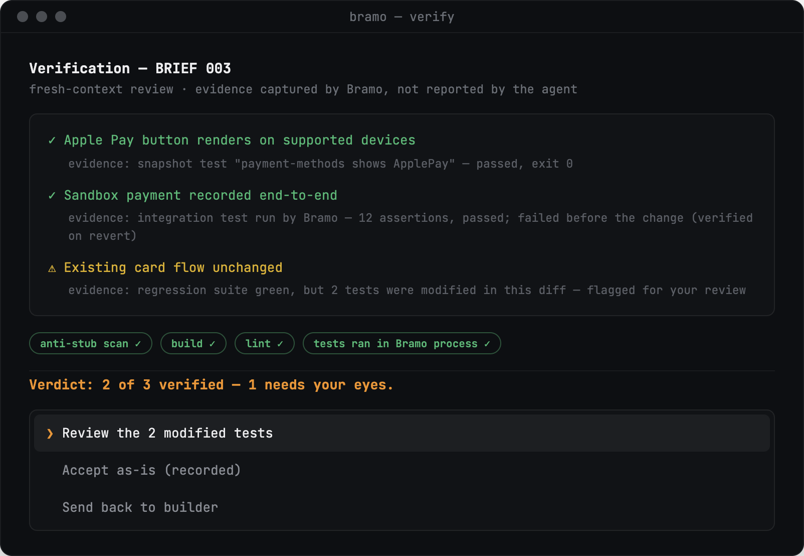 Bramo Verify screen: verification verdict with evidence, showing tests ran, no stubs found, and criteria met.